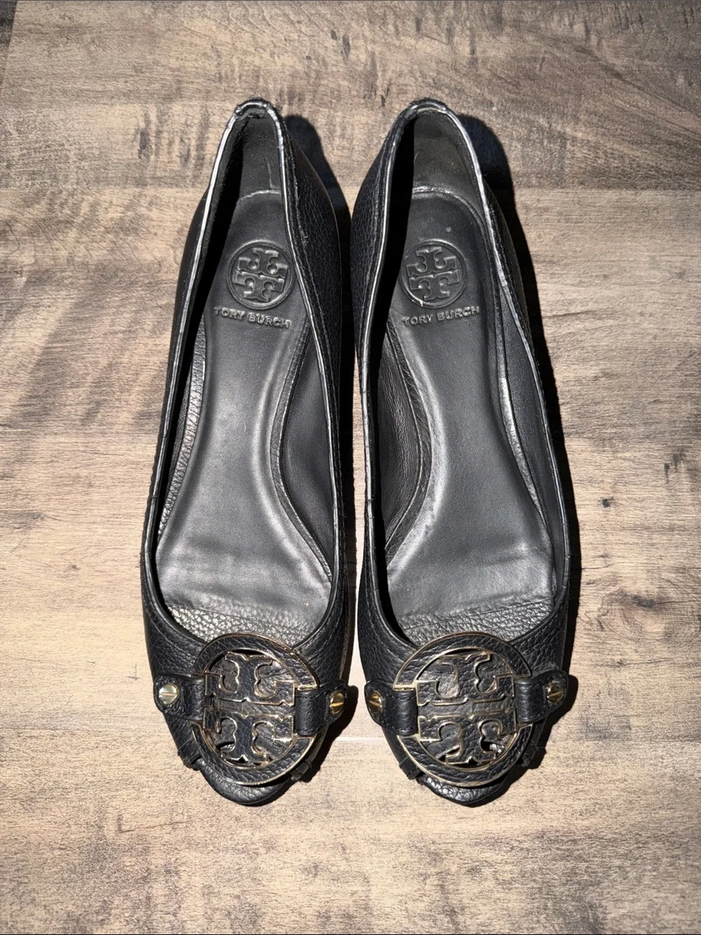 Tory Burch “Amanda”Black Leather Peep-Toe Flats with Gold Logo Medallion